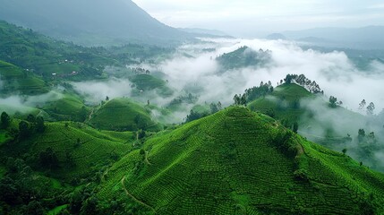 Wall Mural - Misty green tea plantations in the morning.