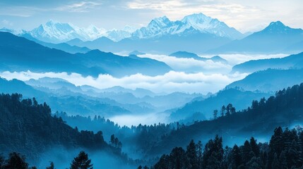 Wall Mural - Misty mountain range with layers of fog and snow covered peaks.
