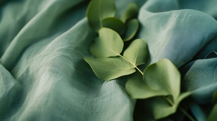 Poster - A single green leaf lying on top of a blue cloth