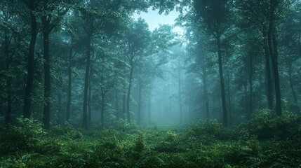 Wall Mural - Misty path through a dark green forest.