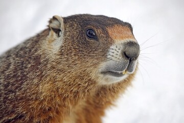 Poster - A close-up shot of a groundhog's face in snowy environment, perfect for winter-themed projects