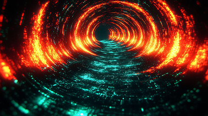 Poster - Stunning abstract image of a swirling, luminous tunnel in vibrant orange and teal.  Perfect for tech, science fiction, or data visualization projects.