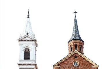 Poster - A church building with a tall steeple and a clock face visible