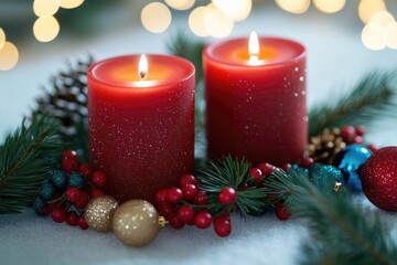 Aufkleber - Two red candles on a table, perfect for decorating a room or adding ambiance