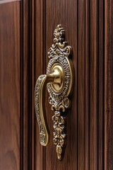 Poster - A close-up view of a wooden door handle with intricate details