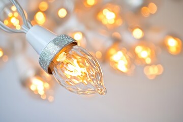 Poster - A close-up shot of a light bulb hanging from a string, highlighting its texture and details