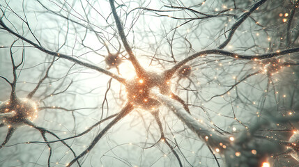 Poster - stunning microscopic view of interconnected neurons, glowing with warm light. ideal for medical, sci