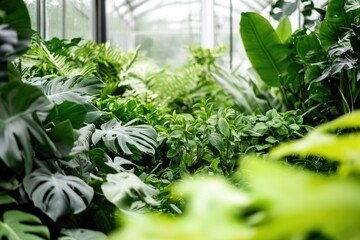 Poster - A greenhouse filled with various types of green plants, ideal for gardening or decoration