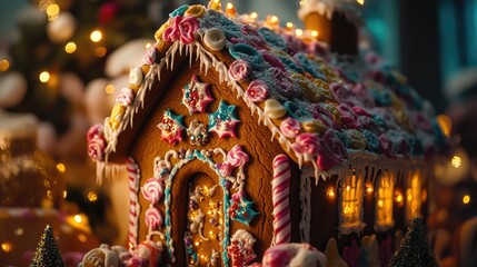 Aufkleber - A close-up view of a decorated gingerbread house on a table