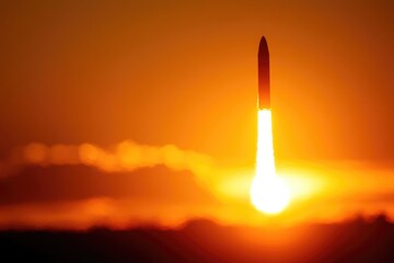 Poster - A rocket launches into the sky at sunset, with orange and pink hues in the background
