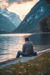 Poster - A person sitting on the shore of a lake, enjoying the scenery and possibly fishing