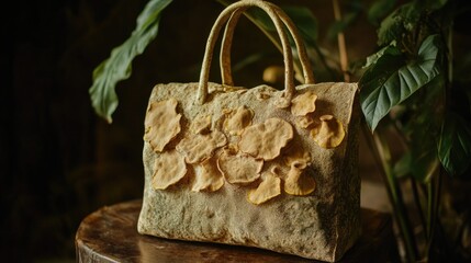 Poster - A leather handbag resting on a wooden surface, great for interior design or lifestyle photography