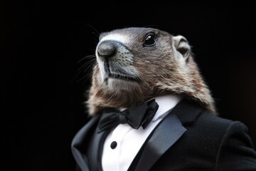 Poster - A groundhog dressed up for a special occasion, wearing a tuxedo and bow tie