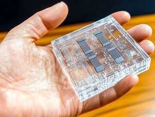 Poster - A hand holds a transparent cube showcasing intricate circuitry.  Highquality image ideal for technology, engineering, or innovation concepts.