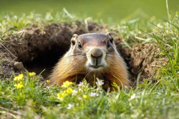 Wall Mural - A ground squirrel peeking out of its hole in the grass