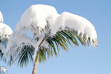 Poster - A palm tree stands tall with its fronds and trunk blanketed in snow, despite the sunny weather
