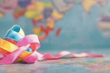 Poster - A close-up view of a ribbon lying flat on a table, perfect for showcasing textures and details
