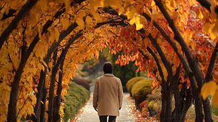 Wall Mural - A person walking alone on a forest path during autumn season, surrounded by falling leaves
