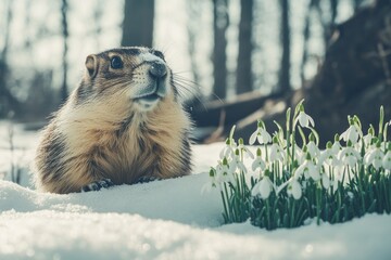 Poster - A small mammal sits in the snow surrounded by snowdrops, a type of winter flower