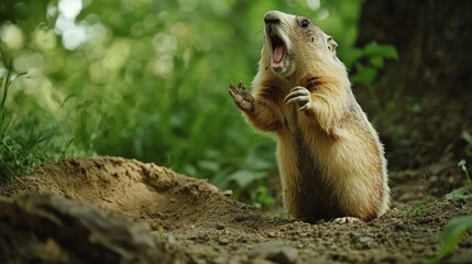 Poster - A close-up of a ground squirrel standing on its hind legs, looking alert and curious