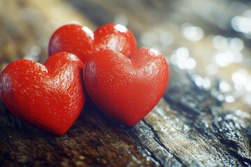 Wall Mural - A simple and romantic arrangement of three red hearts placed on a wooden table