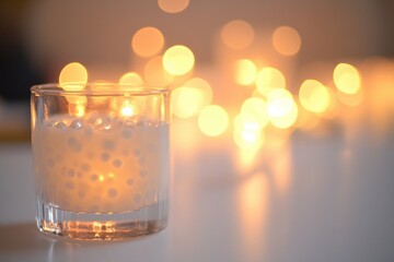 Wall Mural - A glass of water with a lit candle in the background, suitable for use as a symbol of hope or serenity