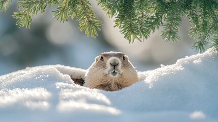 Poster - A small mammal emerges from snowy cover, looking around cautiously