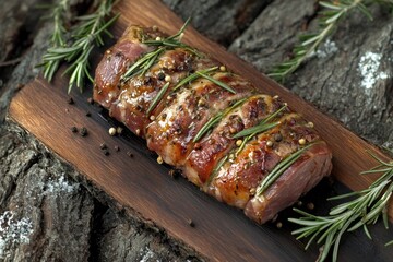 Poster - A piece of meat accompanied by fresh rosemary sprigs on a wooden cutting board, ideal for culinary use
