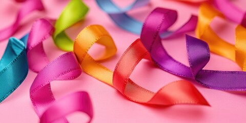 Poster - A collection of colorful ribbons placed on a bright pink surface