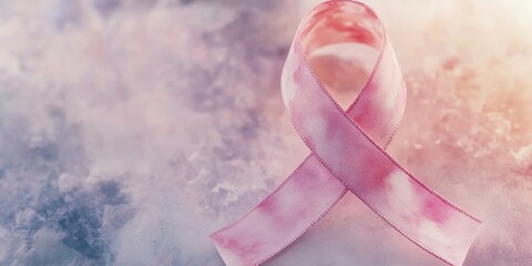 Poster - A pink ribbon lying on snowy ground, perfect for winter-themed projects and symbolizing hope or breast cancer awareness