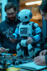 Poster - Futuristic robot with advanced mechanics interacts with human engineers, showcasing technological innovation and collaboration in a hightech environment.