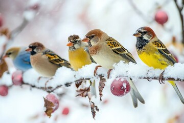 Wall Mural - A group of birds perched on a snowy tree branch, enjoying the winter scenery