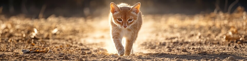 Sticker - A cat walks across a dry grassy field