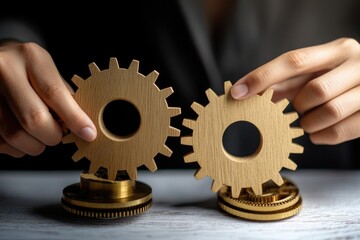 Poster - A close-up view of two wooden gears on a table, great for use in technical illustrations or DIY projects