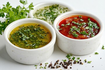 Three small bowls of condiments on a white surface