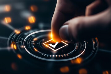 Poster - Hand Pressing Confirmation Button in Modern Digital Interface with Bright Glowing Effects and Technology Elements