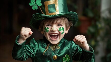 Wall Mural - A young boy wearing a green hat and green clothing is smiling and waving. He has green face paint and is wearing a green shirt