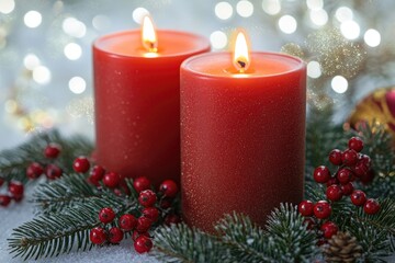 Poster - Two lit red candles placed side by side on a table