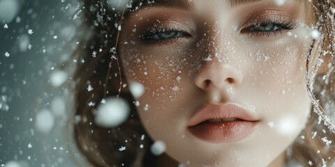 Poster - Close-up shot of a woman's face with snow, suitable for winter-themed designs or illustrations
