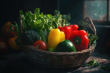 Poster - Colorful vegetable assortment in a wicker basket, ideal for kitchen or food photography