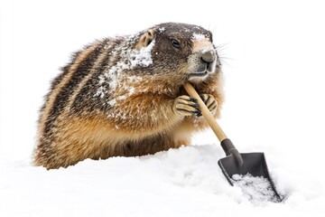 Poster - A groundhog holds a shovel in snowy terrain