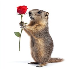 Poster - A close-up of a ground squirrel grasping a bright red rose with its front paws