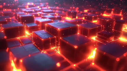 Poster - Intriguing abstract digital art featuring glowing red cubes, perfect for tech, AI, or network concepts.