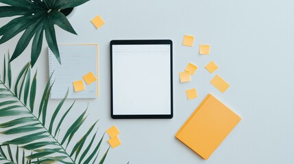 Poster - A desk filled with productivity tools like planners, sticky notes, a tablet, and motivational quotes.