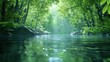 © MAY - Quiet Water Serene Crystal clear stream flowing through a lush green forest, soft sunlight filtering through the trees, creates a sense of serenity
