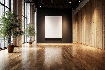 Wall Mural - Modern Art Gallery Interior with Spacious Floor and Empty Canvas on Wall Surrounded by Plants and Natural Light