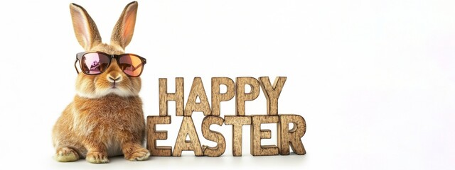 Wall Mural - happy easter concept holiday greeting card with 3d text - cool easter bunny rabbit with sunglasses, 