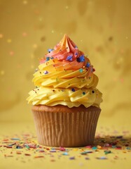 Wall Mural - Layered cupcake with brightly colored confetti on top of a yellow background, celebration, decoration