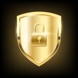 © PKartstudio - Gold shield with padlock keyhole icon, Realistic isolated golden armory trophy with metal coat, 3d luxury safety protection emblem, vintage shiny royal award. vector design illustration on dark