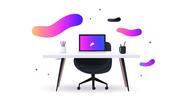 Modern minimalist workspace with laptop, chair, and colorful abstract shapes.